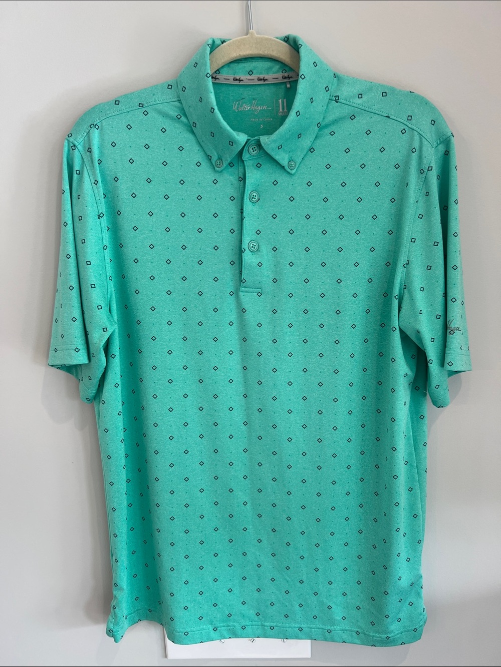 Walter Hagen Geometric Diamond Print Performance Polo Mint Green Golf Shirt M
